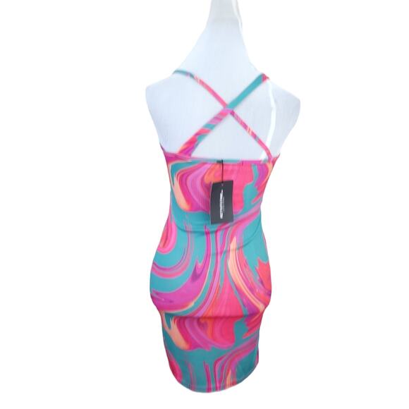 NEW PRETTYLITTLETHING Pink Marble Rib Bodycon Dress US 8 Blue Abstract Print - Picture 5 of 10